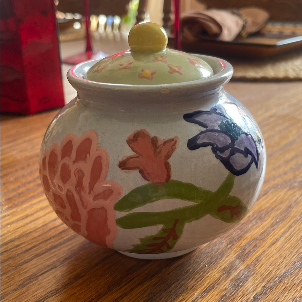 Signed Hand-Painted Floral Ceramic Jar with Green Lid.